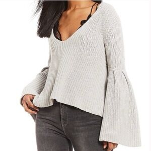 Free People Damsel Grey Knit V Neck Sweater with Bell Sleeves